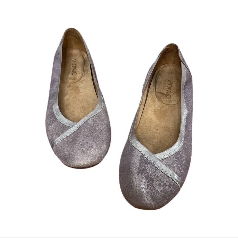 Vionic Purple Metallic Embossed Leather Slip On Caroll Comfort Ballet Flats